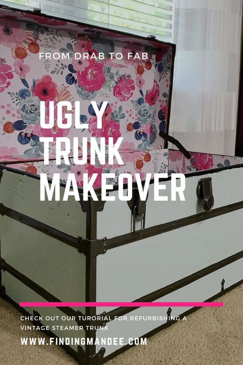 From Drab to Fab: The Vintage Trunk Makeover - Finding Mandee How To Redo Old Trunks, Repurposed Trunk Ideas Diy, Upcycled Trunk Ideas, How To Line A Trunk With Fabric, Lining An Old Trunk, Refinish Old Trunk, Vintage Train Case Makeover, Diy Old Trunk Makeover, Painted Trunks Ideas