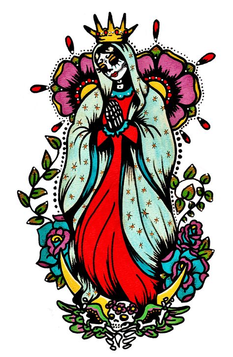 day of the dead art virgin mary tattoo Skull Virgin Mary Tattoo, Virgin Mary Skull Tattoo, Tonantzin Tattoo, Virgin Guadalupe Tattoo, Guadalupe Tattoo Design, Mexican Tattoo Art, Day Of The Dead Drawings, Mexican Tattoo Designs, Dia De Los Muertos Tattoo Ideas