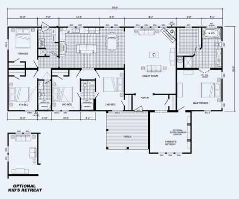 love this floorplan---5 bedrooms AND a parents retreat Triple Wide Floor Plans, 5 Bedroom Double Wide Floor Plans, Wide Floor Plans, Triple Wide Mobile Homes, Parents Retreat, Mobile Home Bathrooms, Mobile Home Doublewide, Manufactured Homes Floor Plans, Double Wide Mobile Home