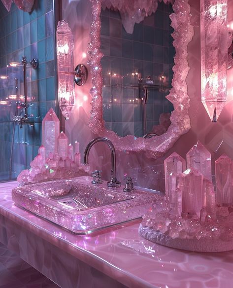 Crystal bathrooms & diamond covered bathroom stuff.✨💗 Because. Why not? You might feel protected while you 💩 Tomorrow I’m releasing a reel with these bathroom beauties, ANIMATED, and it’s MY FIRST REEL.✨💗 ⚠️These are not real, btw, just having fun and enjoying new visions as they come in. I was also inspired by a crystal mirror set I saw by @euphoriaai.art last week & promised to give credit. Thank you for providing inspo.💕 What does your fantasy bathroom look like? Xo, Heather . . . ✨I... Mirror With Crystals, Cute Bathroom Mirror, Bedroom And Bathroom Ideas, Crystals For Bathroom, Crystal House, Mirror Background, Bedroom Decor Pink, Crystal Mirror, Fairycore Bathroom