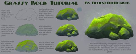 Grassy Rock Tutorial by BelieveTheHorror on DeviantArt Rock Tutorial, Cloud Tutorial, Drawing Rocks, Waves Tutorial, Digital Tutorial, Background Painting, Mountain Drawing, Water Drawing, Eye Painting