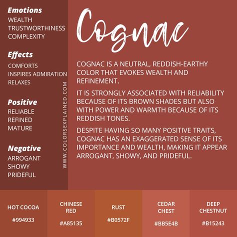 Meaning of the Color Cognac And Its Symbolism (2023) Cognac Color, Cognac Color Palette, What Do Colors Mean, Color Therapy Healing, Colour Psychology, Positive Traits, Color Symbolism, Colors And Emotions, Color Magic