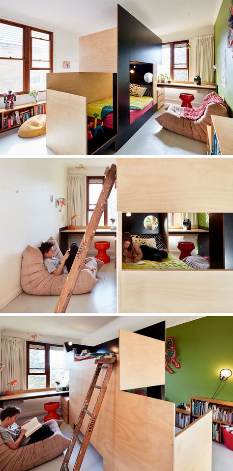 MAKE have collaborated with Tanguy Le Moing to create a bunk bed that splits the bedroom in two, creating a separate space for each child. #BunkBed #ModernBedroom #KidsBedroom Boy Beds, Bunk Bed Ideas Diy, Dečije Sobe, Bunk Beds Small Room, Bed Divider, Custom Bunk Beds, High Bed, Modern Bunk Beds, Kids Shared Bedroom