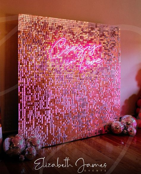 Huge thanks to @victoriabakerweddings for capturing our Party Room Backdrop @the_faversham this weekend 📷💗⚡️  LOVE this combination for a proper party vibe for your big day - Our Pink Neon 'Crazy In Love' Sign on Powder Pink Sequin Wall with Disco Balls ✌🏼 Disco Ball Party Backdrop, Disco Ball Backdrop, Pink Disco Party, Disco Backdrop, Luxury Event Decor, Disco Wall, Pink Event, Balloon Dance, Room Backdrop