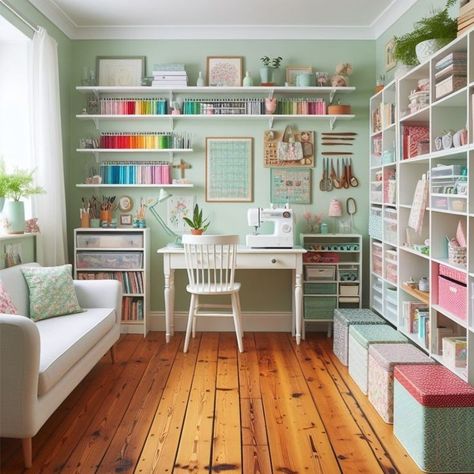 Pastel Sewing Room, Craft Room And Office Combo, Blue Craft Room, Craft Room Ideas Small Spaces, Cozy Craft Room, Room White Furniture, Arts And Crafts Room, Pastel Office, Office Craft Room Combo