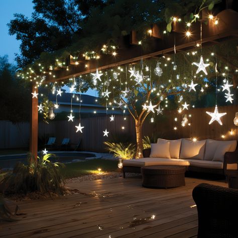 Christmas Backyard Lights, Backyard Fence Christmas Lights, Christmas Decor Frontyard, Christmas Decor Terrace, Pergola Christmas Decorations, Deck Christmas Decorations Outdoor, Christmas Gazebo Decor, Back Deck Christmas Decorating Ideas, Gazebo Christmas Decorating Ideas