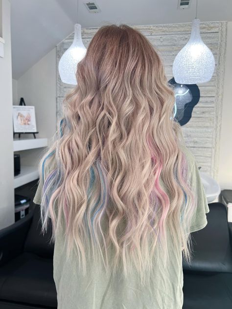 Opal Highlights Hair, Hair Extensions With Tinsel, Blonde Hair With Pastel Peekaboos, Blonde With Pastel Peekaboo, Blonde With Blue And Pink Highlights, Blonde Hair With Colorful Peekaboos, Colors In Blonde Hair Fun, Blonde Colorful Hair Ideas, Blonde And Purple Hair Aesthetic