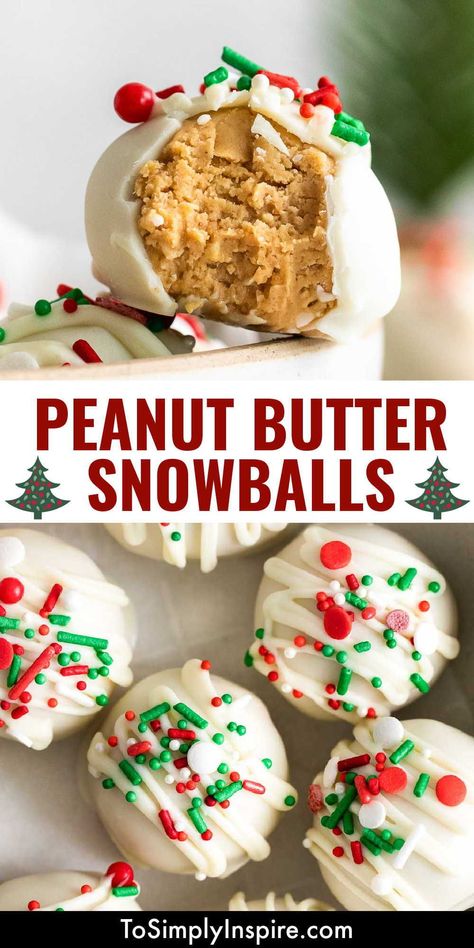 Christmas Baking Candy, Peanut Butter Snow Balls, Peanutbutter Snowballs White Chocolate, Best Christmas Treats Baking, Easy Christmas Treats For Class Party, Neighborhood Christmas Treats, Healthy Christmas School Snacks, Nobake Christmas Treats, Christmas Dessert Basket