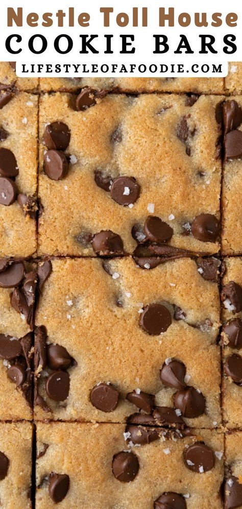 This Nestle Toll House cookie bar recipe is so simple yet so delicious you will not believe it can be made in no time. It makes soft and chewy chocolate chip cookie bars and doesn’t require you to waste too much time rolling individual cookies. With just a handful of simple ingredients you can have this easy recipe ready for your and your family to enjoy asap! Chocolate Chip Pan Cookies Toll House, Nestle Chocolate Chip Cookie Recipe Bars, 9 X 13 Chocolate Chip Cookie Bars, Choc Chip Bars Easy, Bar Cookie Recipes For A Crowd Sheet Pan, Chocolate Chip Recipes Easy No Bake, Nestle Chocolate Chip Cookie Bars, Chocolate Chip Cookies Bars 9x13, Choc Desserts Easy