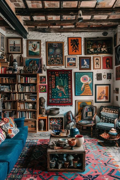 Me Artistic House Design, Art Wall Eclectic, Painting Collection Wall, Vintage Boho Interior Design, Living Room Maximalist Decor, Artist Living Room Inspiration, Brick Wall Decor Ideas Living Room, Boho Eclectic Apartment, Vintage Maximalist Decor Living Room