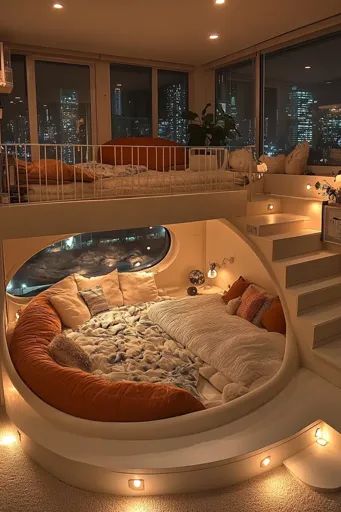 ↑↑↑ Larger size on website 🔸 The image shows a cozy and modern bedroom with a circular bed in a loft setting. The bed is surround Round Bed For Kids, Fun Bed Ideas, Round Bed Vintage, Floating Round Bed, Dream Room Inspiration Minimalist, Circle Mattress Round Beds, Circular Bedroom Design, Warm Home Interior Design, In Ground Bed