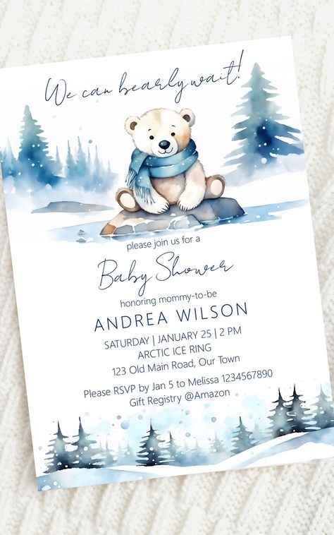 Polar bear winter bearly wait baby shower editable template invitation digital download cute teddy Winter Polar Bear Baby Shower Theme, January Baby Boy Shower Ideas, Polar Bear Themed Baby Shower Ideas, Winter Bear Baby Shower Ideas, Polar Bear Baby Shower Theme Boy, Winter Boy Baby Shower Ideas, Polar Bear Baby Shower Theme, Winter Wonderland Baby Shower Invitation, Polar Bear Baby Shower