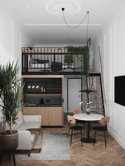 Very Small Apartment Design, Small Loft Living Room, Small Loft Interior Design, 25 Sqm Condo Interior Design, Cute Loft Apartment, Studio Loft Apartment Ideas, 25m2 Apartment, Mini Apartment Ideas, Very Small Studio Apartment Ideas