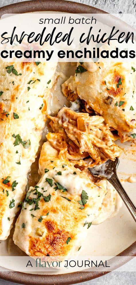 A small batch shredded chicken enchiladas recipe that makes four chipotle chicken enchiladas covered in a creamy pepper jack cheese sauce. Cream Of Mushroom Chicken Enchiladas, Shredded Chicken For Enchiladas, Meals With Shredded Chicken, Chipotle Chicken Enchiladas, Recipes With Shredded Chicken, Chicken Tortilla Recipe, Spicy Shredded Chicken, Beach Dinners, Sour Cream Chicken Enchilada Recipe