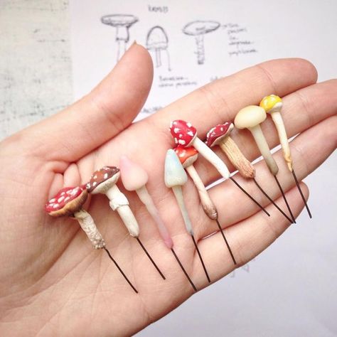 Polymer Clay Drying, Clay Mushroom Jars Diy, Polymer Clay Terrarium Miniatures, Diy Tiny Mushrooms, Diy Polymer Clay Mushroom, Diy Miniature Mushrooms, Garden Clay Sculpture, Fimo Mushroom Polymer Clay, Minature Sculpture Polymer Clay