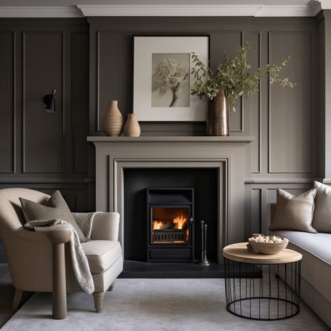 14 Gorgeous board and batten fireplace ideas Fireplace Mantle On Brick Wall, Fireplace Mantle Living Room, Dark Academia Board And Batten, Fireplace Same Colour As Wall, Chimney Color Ideas, Classic Fireplace Tile, Fireplace And Panelling, Painted Fireplace Mantles, Cabinets Beside Fireplace Freestanding