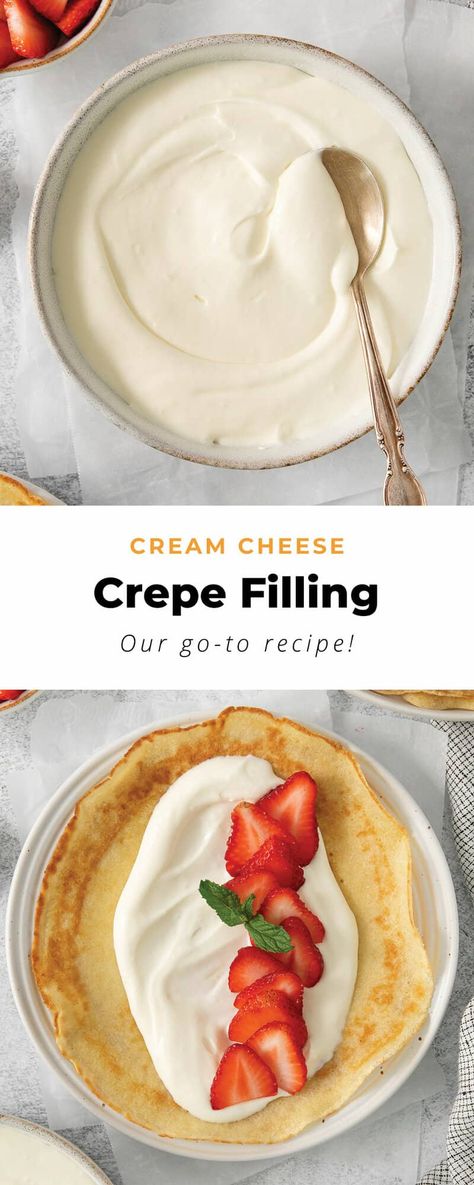 Cream Cheese Crepe Filling - The Cheese Knees Crepe Filling Recipe Cream Cheese, Cream Cheese Pancake Filling, Cream Cheese Filled Crepes, Crepe Cream Filling, Cream Cheese For Crepes, Crepes Recipe Filling, Crepes With Whipped Cream, Sweet Cream Crepes, Sweet Cream For Crepes