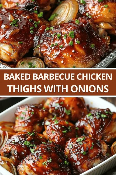 Baked Barbecue Chicken Thighs with Onions Barbecued Chicken Thighs, Oven Barbecue Chicken Thighs, Healthy Chicken Thigh Recipes Baked, Bake Chicken Thighs In Oven, Bbq Chicken Thighs In Oven, Baked Barbecue Chicken Thighs, Chicken Theighs, Bbq Baked Chicken Thighs, Baked Chicken Thighs Boneless