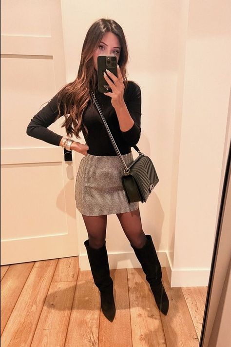 Winter date night calls for skirts and boots - wearing a size 2 in this skirt that’s under $100. So chic and cute! Tap to shop this winter date night outfit! Neutral Color Fall Outfits, New York Date Night Outfit Winter, Holiday Plaid Skirt Outfit, Chicago Inspired Outfits, Movie Night In Outfit, Cute Winter Night Out Outfits, Classy Winter Dinner Outfit, January Vegas Outfits, Christmas Light Date Outfit