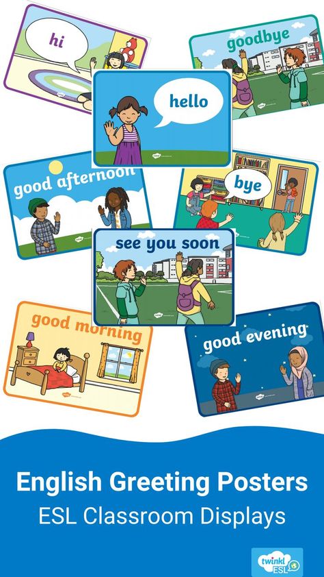 English greetings poster displays for ESL or EFL classrooms. Greetings Poster For Classroom, Greeting Poster For Classroom, English Class Decoration, Classroom Greetings, Greetings Posters, Esl Classroom Decor, Greetings English, Greetings In English, English Classes For Kids