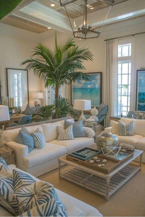 Coastal Casual Living Room, Florida Beach House Decor, Coastal Living Room Decor, Coastal Living Room Ideas, Coastal Style Living Room, Modern Classic Living Room, Tropical Living Room, Home Refresh, Coastal Decorating Living Room