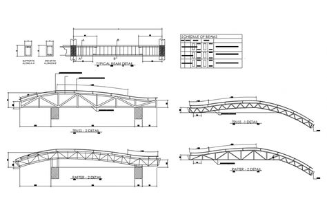 Typical beam and truss of house cad structure details that includes a detailed view of truss details, beam details, beam schedule details, support along, mid support details, dimensions details and much more of structure details. Truss Structure Architecture Building, Steel Structure Section, Structure System Architecture, Truss Structure Architecture, Steel Structure Detail, Space Truss Structure, Steel Structure Architecture, Cantilever Structure, Space Truss