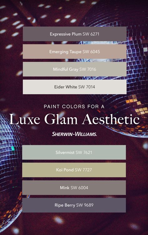 Glam Paint Colors, Aesthetic Paint Palette, Southern Color Palette, Sherwin Williams Aesthetic, Witchy Color Palette, Aesthetic Palette, Aesthetic Paint, Glam Aesthetic, Glam Lifestyle