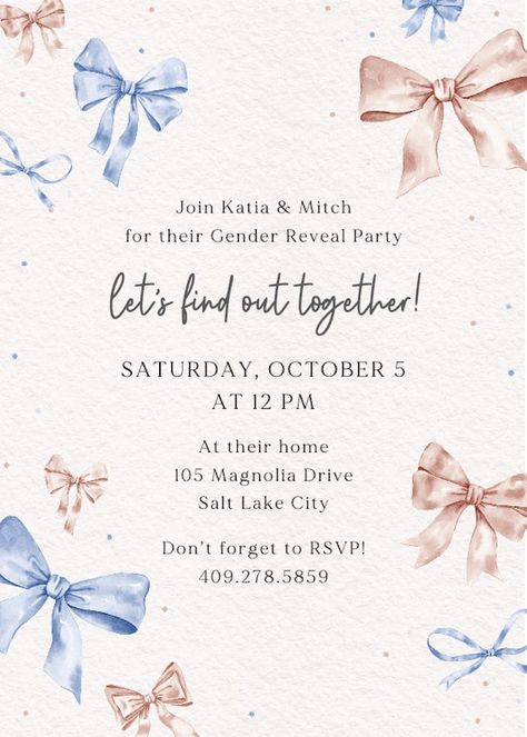 Painted Bows - Gender Reveal Invitation Template (Free) | Greetings Island Gender Reveal Ideas For Party Invitation, Gender Reveal Party Invitations Template, Gender Reveal Invites Template, Gender Reveal Invitation Ideas Template, Gender Reveal Invite Ideas, Gender Reveal Invitations Ideas, Gender Reveal Invitations Template Free, Baby Gender Reveal Invitations, Gender Reveal Ideas For Party Theme