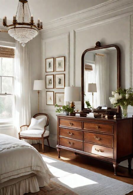 Bedroom Decor White Dresser, Moody Romantic Master Suite, House And Garden Bedroom Ideas, Wood Board Decoration Ideas, Neo Traditional Interior, Classic Romantic Home Decor, Dune Home Aesthetic, Foyer Dresser Decor, Styling Dark Bedroom Furniture