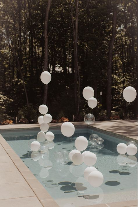 Wedding
Wedding pool decor 
Pool decorations 
Pool balloons Wedding Pool Balloons, Balloons In A Pool, Summer Pool Wedding, White Balloons In Pool, Pool Engagement Party Decor, Backyard White Party, Hens Party Balloons, Pool With Balloons, Hamptons Party Decor