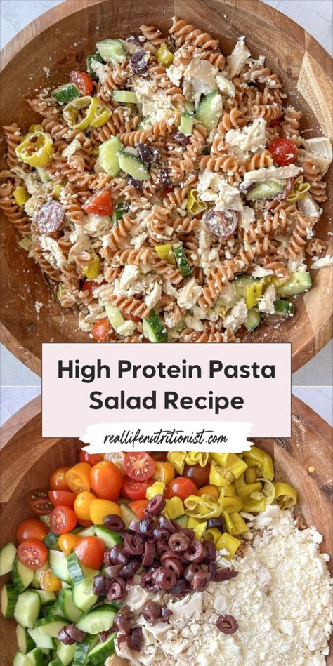 This high protein pasta salad with chicken is the best pasta salad for lunch, especially when you're looking for a healthy meal prep option. Protein pasta salad mixed with chicken is served cold so perfect for advanced prep! Best Healthy Pasta Salad, Cold Pasta Salad Recipes Protein, Macro Cold Lunch Ideas, High Protein Bulk Meal Prep, Salads Using Rotisserie Chicken, Cold Chicken Pasta Salad Healthy, Lunch Prep Pasta Salad, Meal Prep For The Week Pasta Salad, High Protein Meals With Rotisserie Chicken