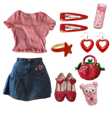 Strawberry Aesthetic Outfit, Lovecore Aesthetic Outfit, Red And Pink Outfit, Lovecore Fashion, Strawberry Shortcake Outfits, Coquette Red, Strawberry Outfit, Hello Kitty Clothes, Artsy Outfit