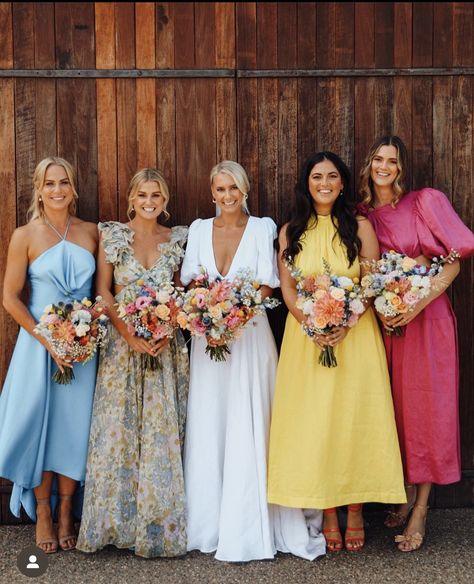 Mismatched Bridesmaid Dresses Wildflower, Satin Bridesmaid Dresses Multi Color, Summer Bridal Party Attire, Three Bridesmaids Mismatched, Garden Theme Bridesmaid Dresses, Wildflower Wedding Bridesmaids Dresses, Groomsmen Attire Colorful, Wildflower Wedding Bridesmaids Dress, Colorful Groomsmen Attire