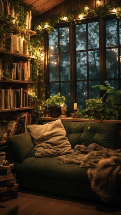 27 Cozy Reading nook Ideas That You Will Love For Your Home Large Reading Nook, Book Bay Window, Reading Corner Inspo Bedroom, Library And Plants, Reading Place Ideas, Cozy Reading Nook Small Spaces Harry Potter, Comfy Library Room, Cottage Reading Corner, Daybed In Library