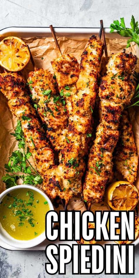 These Italian chicken skewers, also known as chicken spiedini, are made with chicken cubes marinated in white wine, lemon zest, and red pepper flakes. The chicken is then breaded, skewered, and grilled until golden and tender! #chicken #spiedini #italian Crispy Chicken With Italian Sauce, Lemon Butter Chicken Spiedini, Lemon Garlic Butter Chicken Spiedini Allrecipes, Zesty Lemon Pecorino Crispy Chicken, Fried Chicken Skewers, Chicken Spiedini Air Fryer, Chicken Spedini Recipe Baked, Chicken Spiedini Recipe, Chicken Spedini Recipe Air Fryer