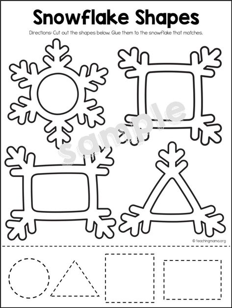 Winter Math Ideas For Preschool, Winter Pattern Activities For Preschool, Snow Math Activities For Toddlers, Snow Prek Activities, New Years Tracing Preschool, Snowflake Shapes Preschool, Winter Shape Craft, Winter Theme Worksheets Preschool, Christmas Worksheets Toddlers