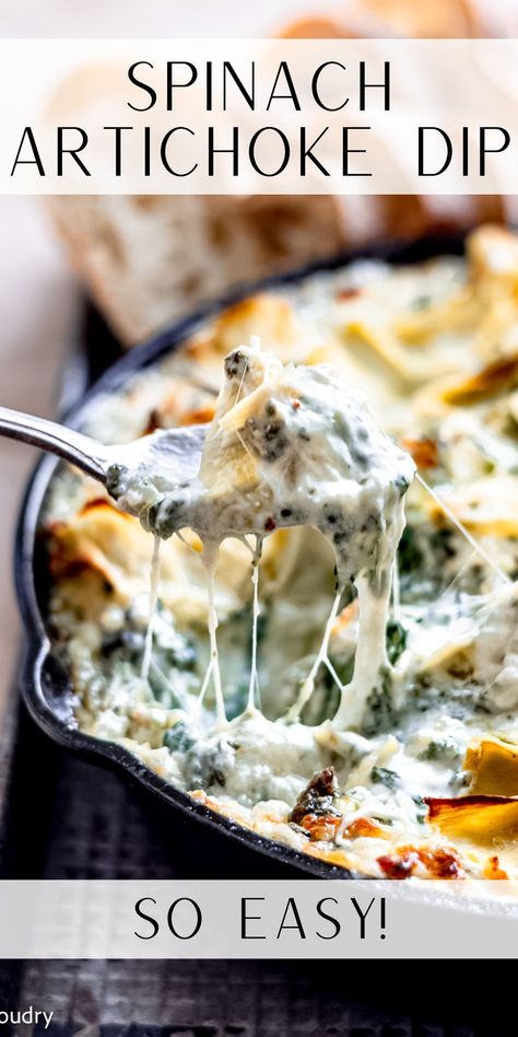 This super easy Spinach Artichoke Dip is cheesy, full of flavor, and SO quick to whip up for your next gathering! Coco Recipes, Crockpot Spinach Artichoke Dip, Hot Spinach Artichoke Dip, Crockpot Spinach, Cheesy Spinach Artichoke Dip, Spinach Artichoke Dip Easy, Superbowl Recipes, Hors Devours, Creamy Spinach Dip