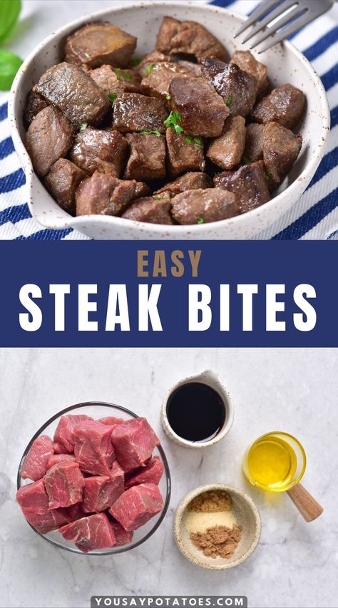 Bowl of steak, ingredients on a table, and text: How to Make Steak Bites (air fryer, pan fry, oven bake). Steak Bites Oven Baked, Steak Bites With Garlic Butter Oven, Steak Bites In The Oven, Steak Bites Oven, Slow Cooked Steak, Oven Baked Steak, Low Fat Baking, Ways To Cook Steak, Garlic Butter Steak Bites