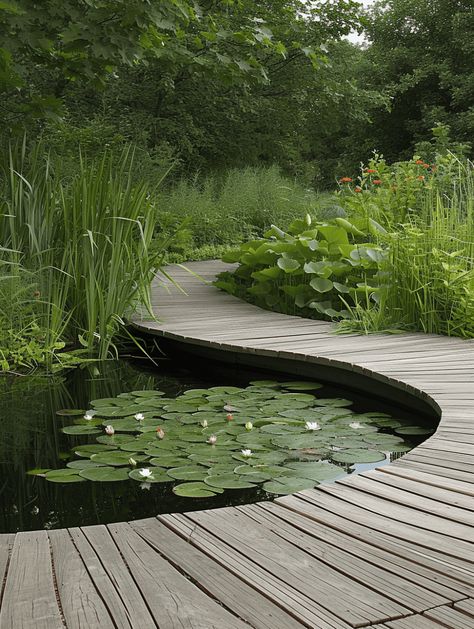 Deck Garden Ideas: Serene Boardwalk and Tranquil Pond Zen Landscape Ideas, Parking Garden Design, Garden Design Pond, Water Features Architecture, Lily Pad Garden, Stream In Garden, Pond With Deck, Large Pond Landscaping, Pond With Island