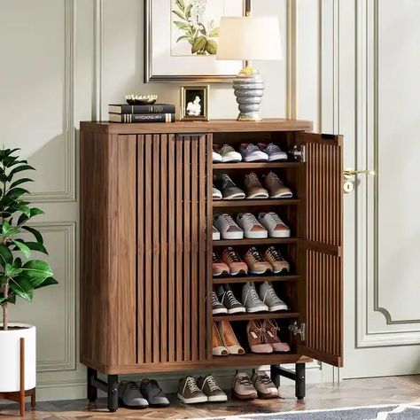 24 Pairs Shoe Storage Cabinet with Door for Entryway Living Room - Bed Bath & Beyond - 39807665 House Entrance Ideas Shoe Storage, Walnut Shoe Storage, Shoe Cabinet Ideas Entryway, Console Table With Shoe Rack, Shoe Rack With Table Top, Shoe Rack Ideas Entryway Front Door, Japandi Shoe Cabinet, Entryway Shoe Storage Ideas Entrance, Show Storage Ideas