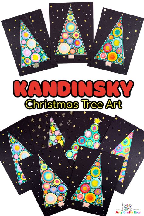 Kandinsky Christmas Tree Circle Art Art Christmas Tree Ideas, Christmas Art Activity For Kids, Holiday Art For Kindergarten, Christmas Art Primary School, Kids Art Projects Christmas, Christmas Class Art, Fun Christmas Art Projects For Kids, Christmas Crafts For Grade 1, Grade 7 Christmas Art