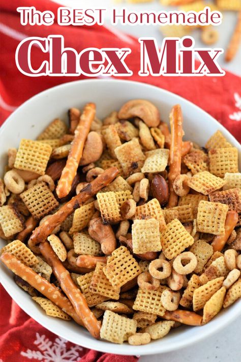 Chex Mix – A quick and easy snack mix that is great to make for parties! Chex cereal, pretzels, cheerios, and mixed nuts covered in a flavorful, buttery coating that is baked to perfection. Chex Mix | Snack Mix | Snack Recipes | Chex Mix Recipe #snack Cheerios Snacks, Homemade Chex Mix Recipe, Cheerios Recipes, Easy Snack Mix, Homemade Chex Mix, Chex Mix Recipe, Healthy Superbowl Snacks, Chex Cereal, Chex Mix Recipes