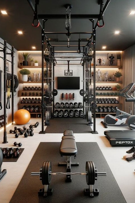 Home gyms don't need to be bleak. Workout equipment that’s been relegated to your basement or tucked into a garage corner can still look really good—with the help of a little paint, wallpaper, good lighting, and a few plants, you can totally transform the space you break a sweat in. Home Gym Interior Design Nails Moody Farmhouse Modern Farmhouse Rutic Decor Home Inspo Yoga Trends Yoga Poses Fitness Studio Ideas Fitness Inspo Nail Ideas House Gym Ideas Small Spaces, Mini Gym At Home, Small Home Gym Ideas, Home Gym Basement, Home Gym Ideas, Home Gym Inspiration, Dream Home Gym, Basketball Room, Small Home Gym