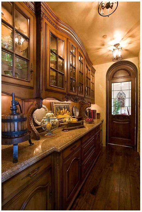 pantry by LCR Furniture & Design Italian Tuscan Decor, Tuscan Interior, Kitchen Bar Design, Dining Room Pantry, Butlers Pantry, Mediterranean Home Decor, Home Decor Colors, Tuscan House, Kitchen Interior Design Decor