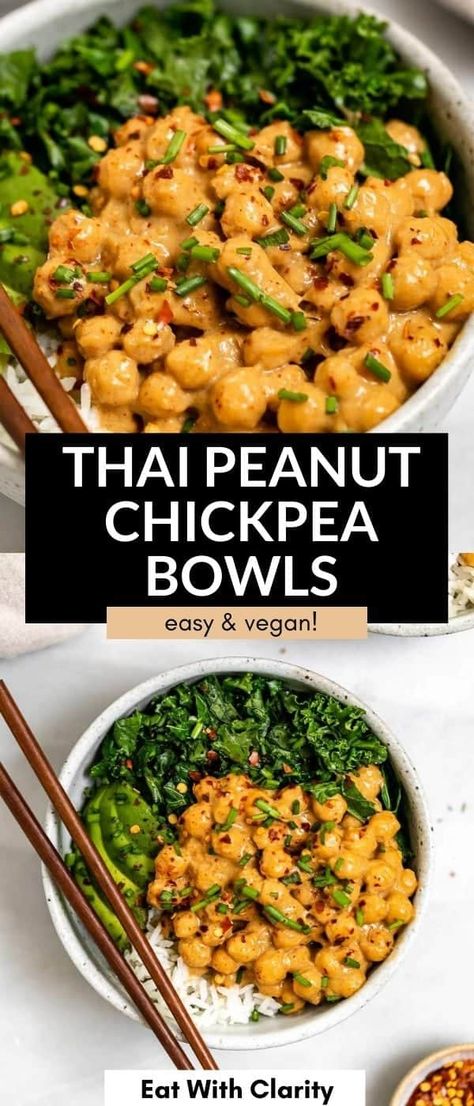 Peanut Chickpea, Fluffy White Rice, Thai Peanut, Buddha Bowls, Healthy Bowls, Veggie Bowl, Tasty Vegetarian Recipes, Vegetarian Dinners, Buddha Bowl