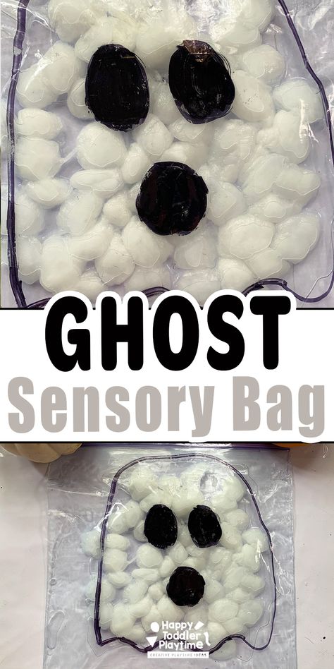 Easy Ghost Sensory Bag for Kids - Happy Toddler Playtime Paper Ghosts, New Year Card Ideas, New Year Card Making, Halloween Lesson Plans, Halloween Activities For Toddlers, Halloween Lesson, Infant Sensory Activities, Halloween Crafts Preschool, Sensory Bag