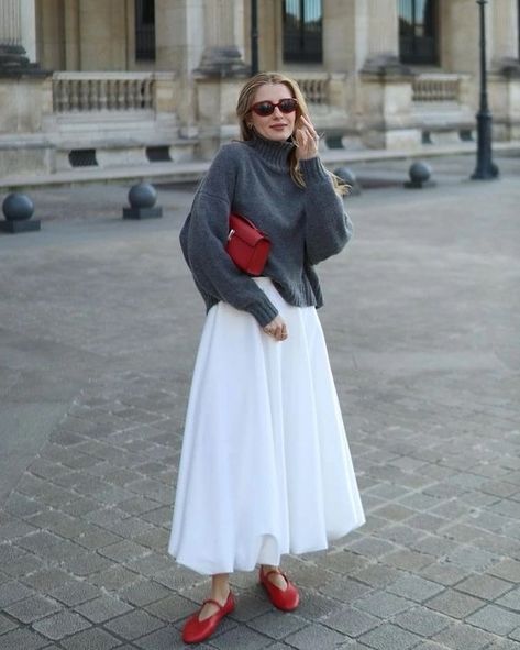 Skirt With Running Shoes, Ribbed Long Skirt Outfit, White Midi Skirt Outfit Fall, White Midi Skirt Outfit Winter, White Prairie Skirt Outfit, White Skirt Outfit Autumn, Maxi Plaid Skirt Outfit, Skirt Outfits Knee Length, Leggings And Skirt Outfit