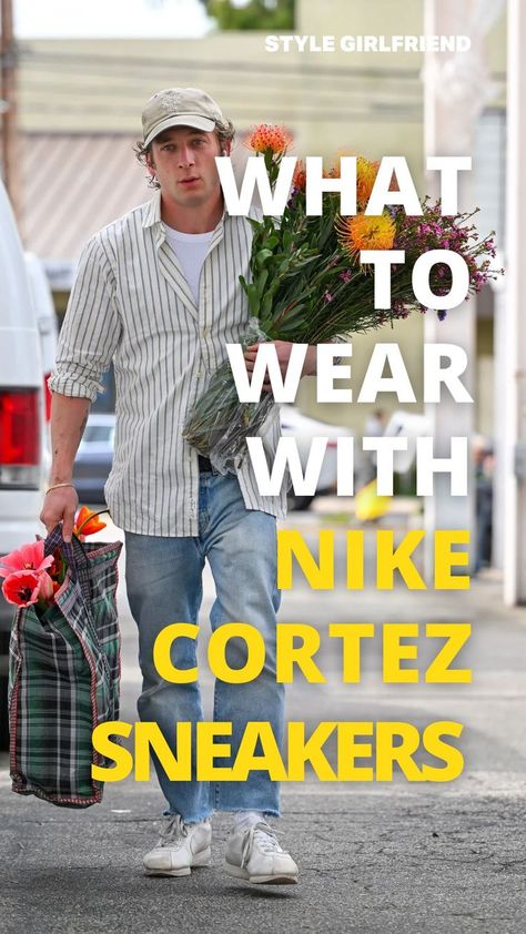 actor Jeremy Allen White wearing a striped shirt with jeans and white sneakers, holding a large bunch of flowers and a plaid bag. text on-screen reads: what to wear with nike cortez sneakers (Style Girlfriend) Nike Men Outfit, Nike Cortez Outfit, Nike Outfits Men, Nike Cortez Black, Nike Cortez White, Cortez Sneakers, Nike Cortez Shoes, Cortez Shoes, Style Girlfriend