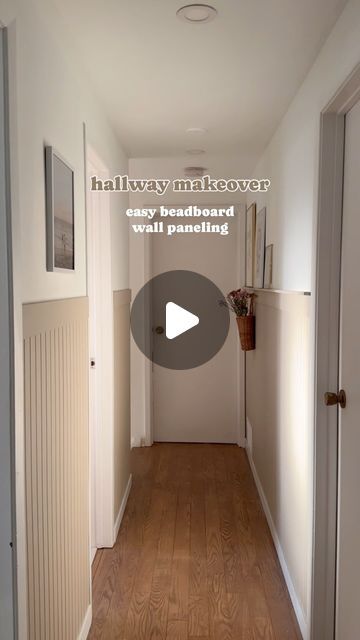 WONHAUS | home reno, diy + design on Instagram: "Hallway makeover in 20 seconds! Took off the old scuffed foamy beadboard wallpaper and replaced it with beadboard panels - still affordable AND sturdy!   Materials / tools: - beadboard panels (they come in 4x8), we got them cut in half at @ronaen so their height is 4ft  - baseboard moulding to put on the bottom and top of the panels  - used a 1x2 to create a mini shelf for one side of the hallway  - construction adhesive to attach the panels, nail gun to attach the baseboards, dap to cover the nail holes and caulk to seal between panels and baseboards!  - paint: @sherwinwilliams shiitake  - hooks: @plankhardware lennon grooved    #diyhomeimprovement #hallwaymakeover #homediy #budgetdiy" Beadboard Stairs Wall, Beadboard Half Wall With Wallpaper, Beadboard Hallway Ideas, Bead Board Half Wall, Half Painted Wall Hallway, Beadboard Trim Ideas, Beadboard Hallway, Beadboard Half Wall, Beadboard Trim