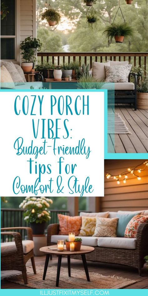 Cozy porch with string lights and potted plants Small Outside Patio Ideas Porch Decorating, Relaxing Front Porch Ideas, Cheap Back Porch Ideas, Covered Back Porch Decorating Ideas, Cozy Porch Seating Ideas, Comfy Porch Ideas, Tiny Back Porch Ideas, Back Porch Makeover On A Budget, Back Porch Decorating On A Budget